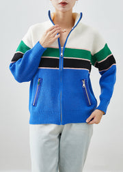 Original Design Blue Zip Up Patchwork Knit Coats Fall