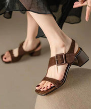 Original Design Brown Cowhide Leather Hollow Out Chunky Heel Sandals