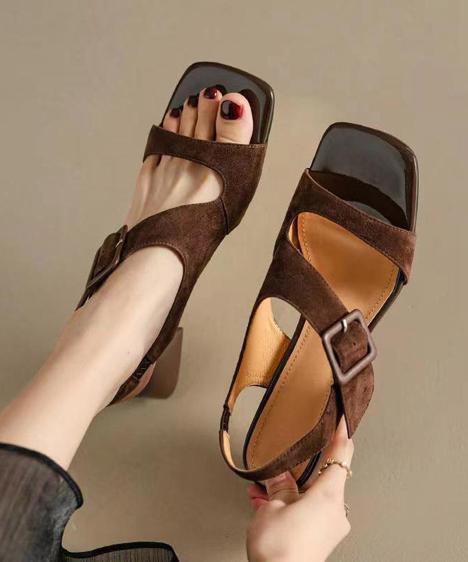 Original Design Brown Cowhide Leather Hollow Out Chunky Heel Sandals