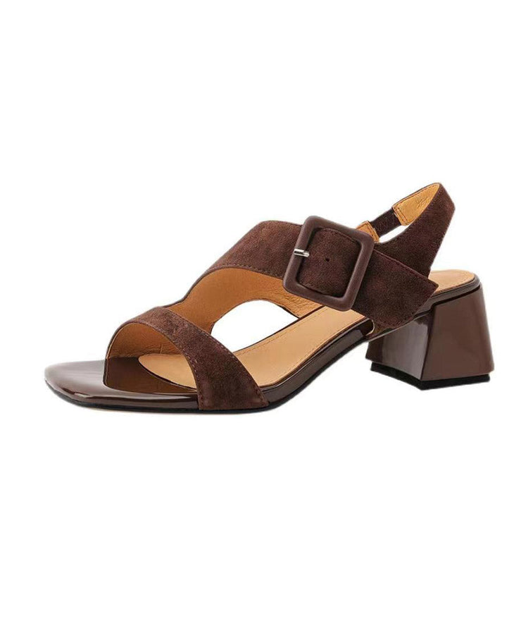 Original Design Brown Cowhide Leather Hollow Out Chunky Heel Sandals