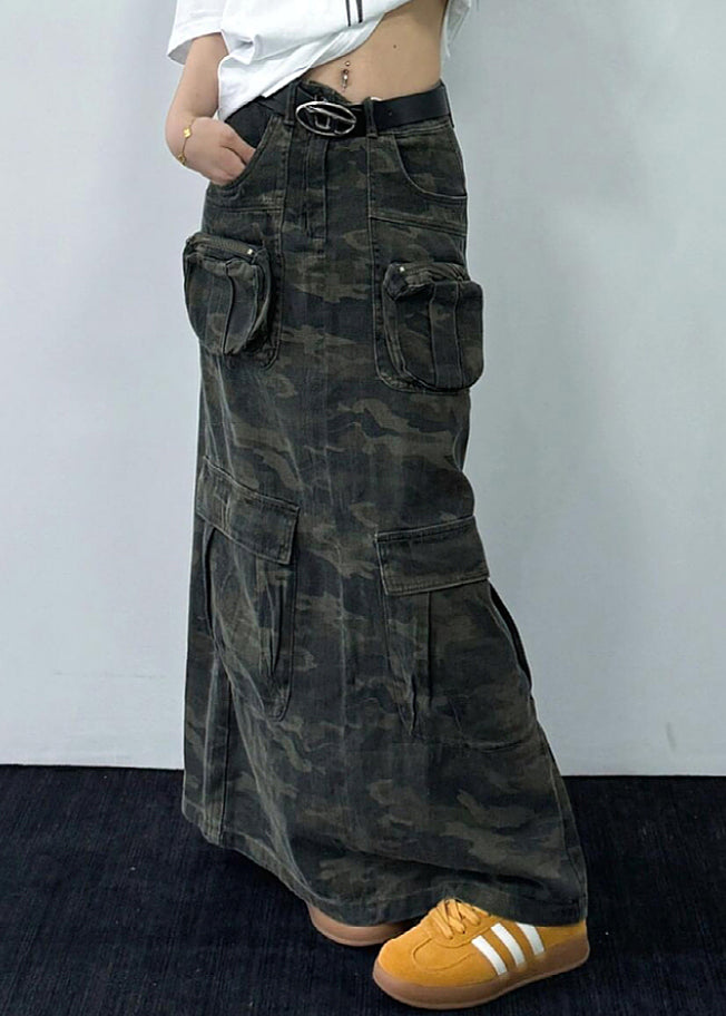 Original Design Camouflage Pockets Denim Maxi Skirts Spring