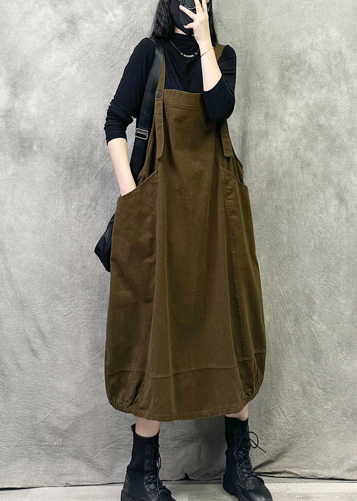 Original Design Coffee Pockets Spaghetti Strap Dress Spring Summer