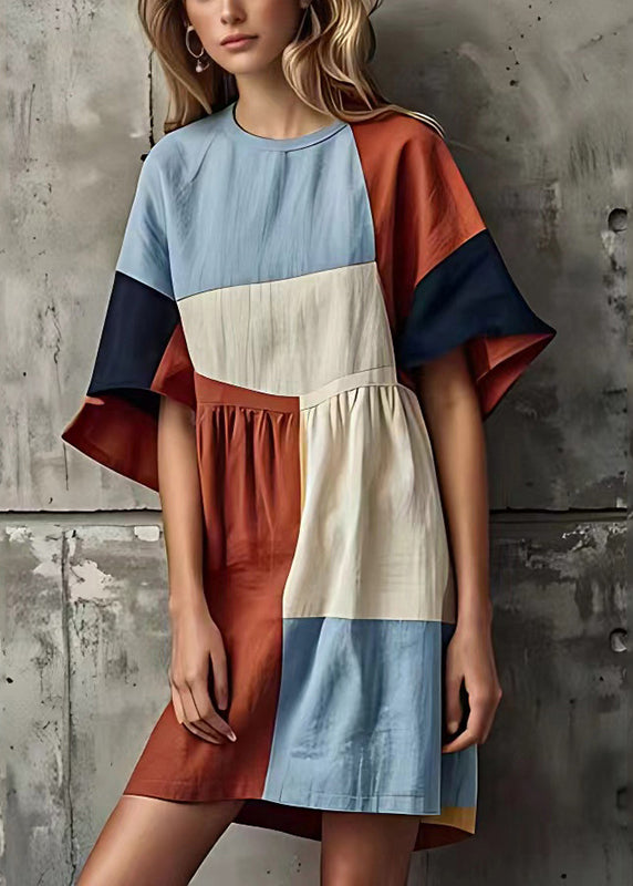 Original Design Colorblock Asymmetrical Patchwork Cotton Dresses Summer