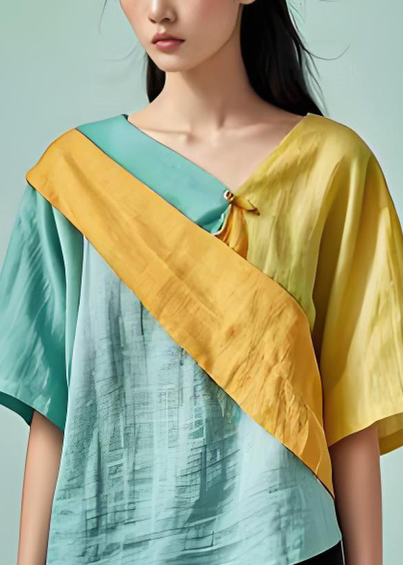 Original Design Colorblock Asymmetrical Patchwork Cotton Tops Summer