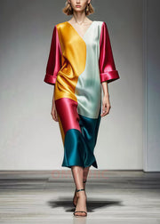 Original Design Colorblock Asymmetrical Patchwork Silm Fit Silk Dresses Summer