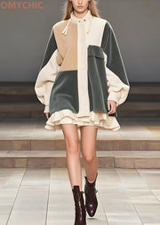 Original Design Colorblock Oversized Patchwork Silk Velvet Coat Spring