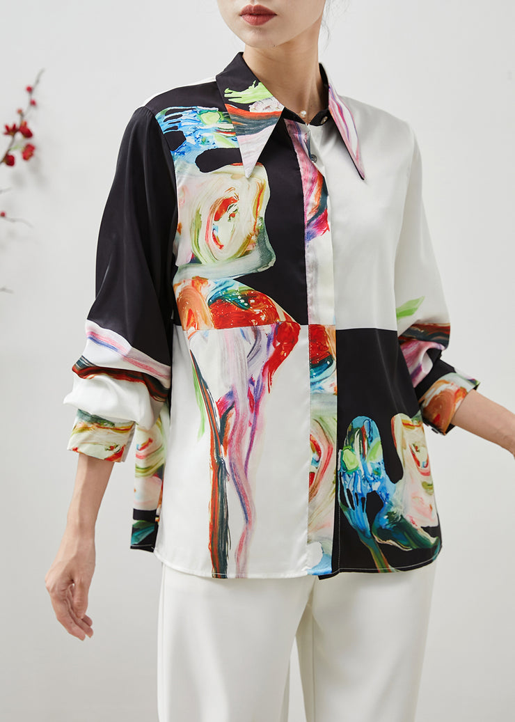 Original Design Colorblock Print Silk Blouses Summer