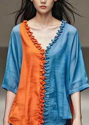 Original Design Colorblock Ruffled Patchwork Cotton Top Summer