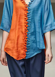 Original Design Colorblock Ruffled Patchwork Cotton Top Summer