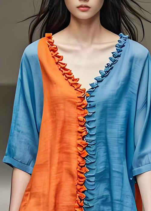 Original Design Colorblock Ruffled Patchwork Cotton Top Summer