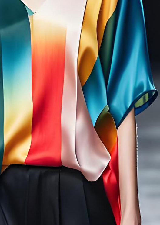 Original Design Colorblock V Neck Plus Size Silk Top Summer