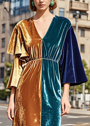 Original Design Colorblock V Neck Ruffled Velvet Dress Fall