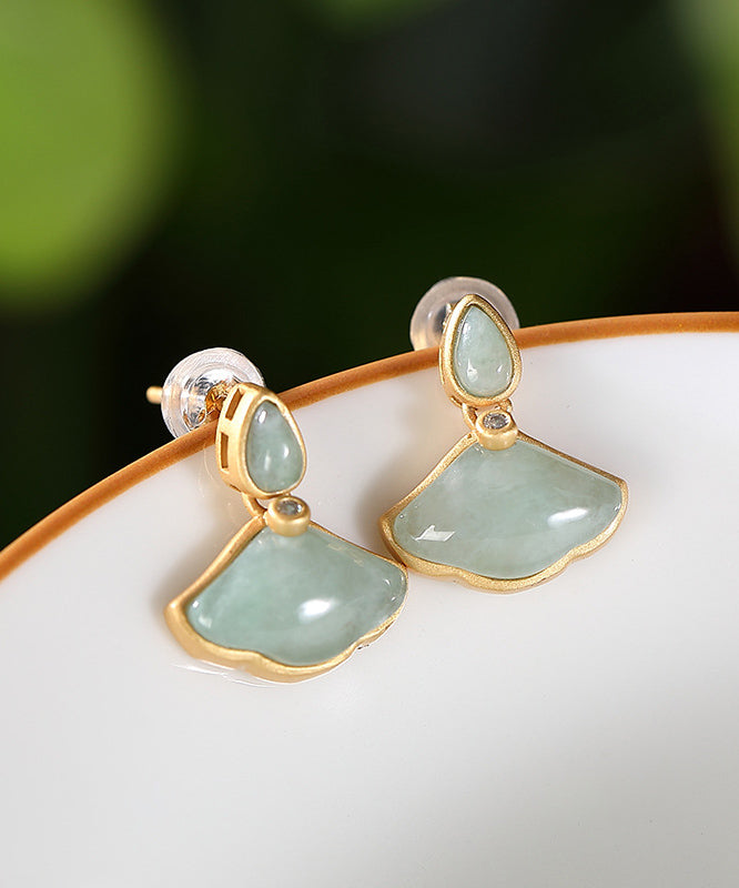 Original Design Cyan Sterling Silver Overgild Zircon Jade Ginkgo Leaf Stud Earrings