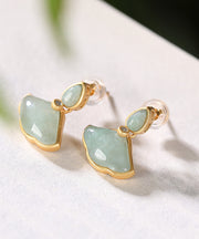 Original Design Cyan Sterling Silver Overgild Zircon Jade Ginkgo Leaf Stud Earrings