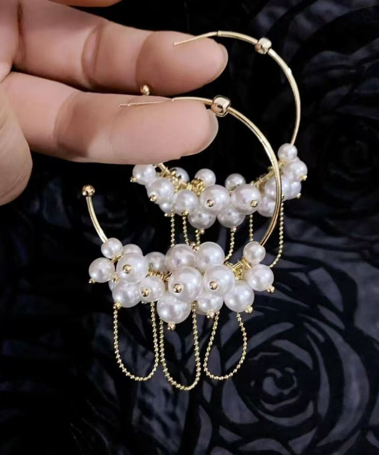 Original Design Gold Copper Alloy Pearl Tassel Hoop Earrings