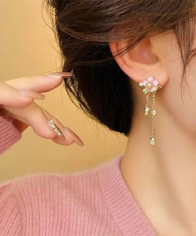 Original Design Gold Copper Alloy Zircon Pearl Resin Asymmetrical Floral Drop Earrings