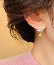 Original Design Gold Copper Alloy Zircon Pearl Resin Asymmetrical Floral Drop Earrings