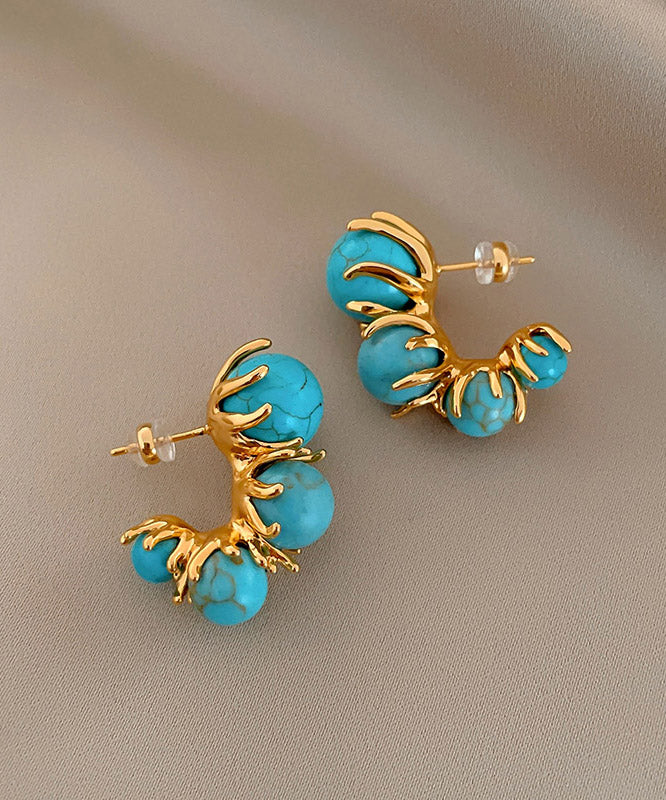 Original Design Gold Copper Turquoise Beading Hoop Earrings