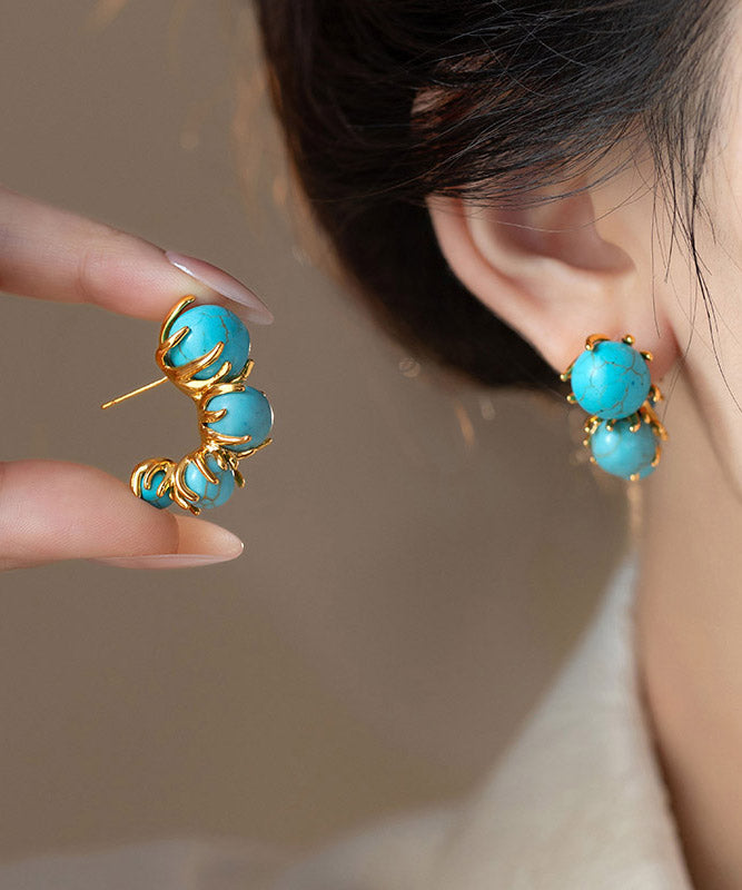 Original Design Gold Copper Turquoise Beading Hoop Earrings