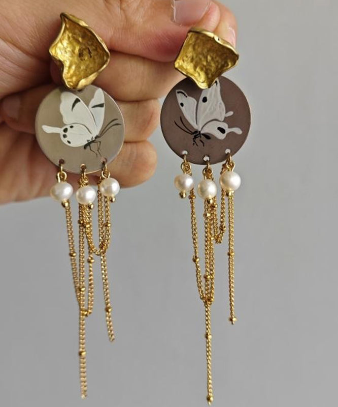 Original Design Gold Sterling Silver Overgild Pearl Butterfly Tassel Drop Earrings