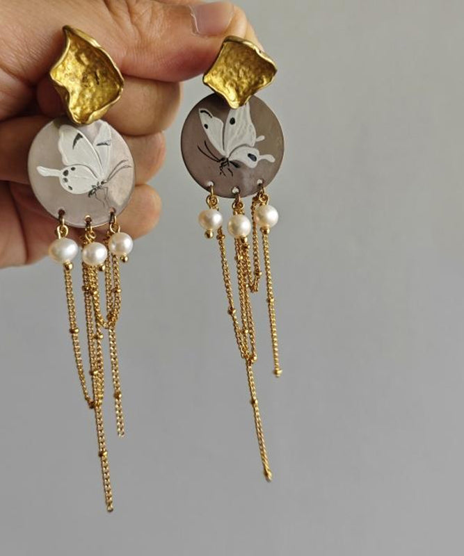 Original Design Gold Sterling Silver Overgild Pearl Butterfly Tassel Drop Earrings