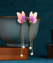 Original Design Gradient Color Ancient Gold Pearl Butterfly Tassel Earrings