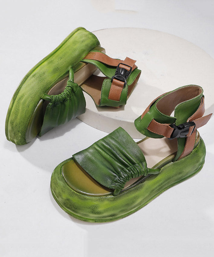 Original Design Green Cowhide Leather Platform Sandals Peep Toe