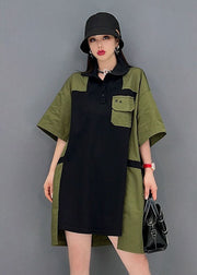 Original Design Green Peter Pan Collar Patchwork Cotton Long Shirt Short Sleeve