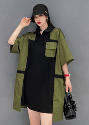 Original Design Green Peter Pan Collar Patchwork Cotton Long Shirt Short Sleeve