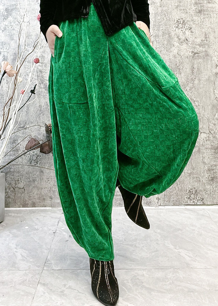 Original Design Green Pocket Elastic Waist Cotton Lantern Pants Spring