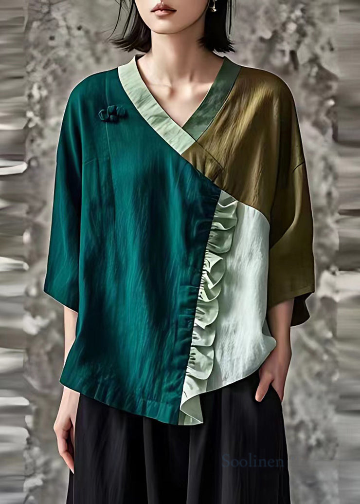 Original Design Green Ruffled Patchwork Linen Shirts Summer