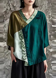 Original Design Green Ruffled Patchwork Linen Shirts Summer