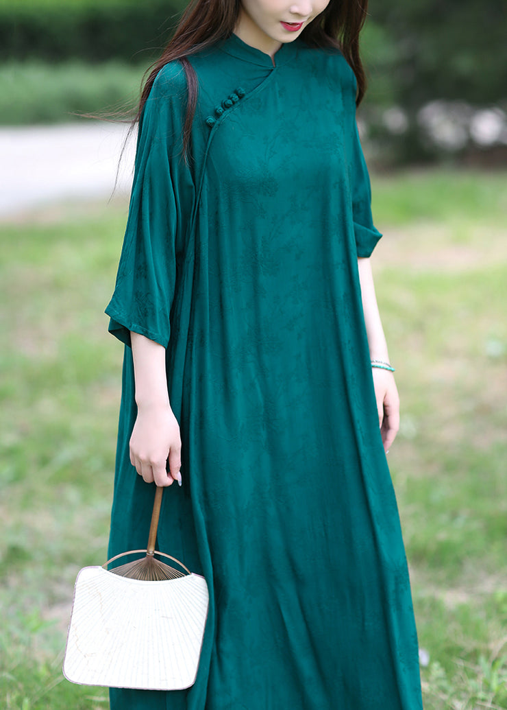 Original Design Green Stand Collar Cotton Long Dresses Summer