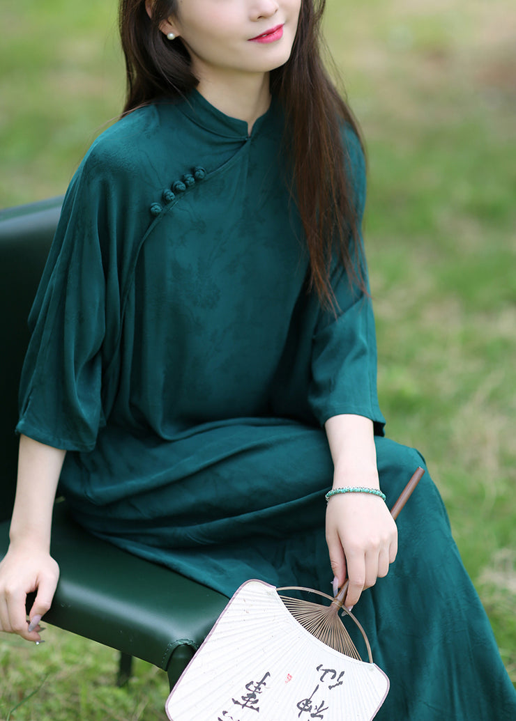 Original Design Green Stand Collar Cotton Long Dresses Summer