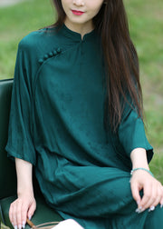 Original Design Green Stand Collar Cotton Long Dresses Summer