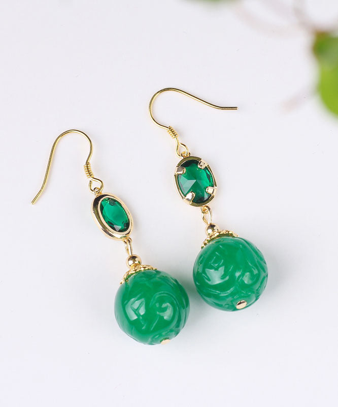 Original Design Green Sterling Silver Overgild Inlaid Gem Stone Jade Drop Earrings