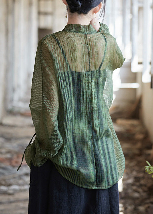 Original Design Green V Neck Lace Up Cotton Top Summer