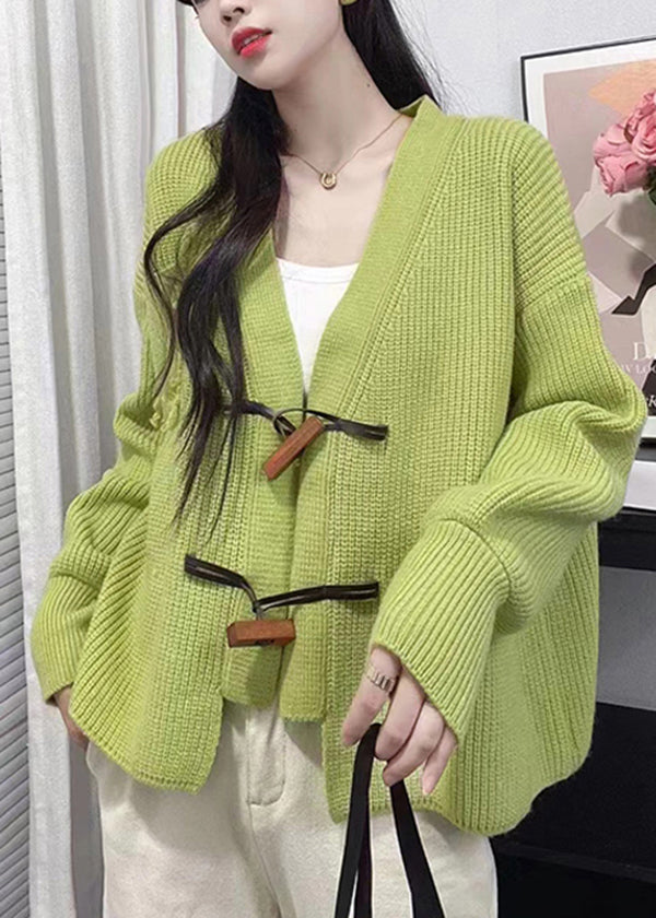 Original Design Green V Neck Patchwork Cozy Knit Cardigan Fall