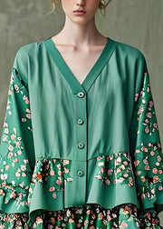 Original Design Green V Neck Print Cotton Two Pieces Set Petal Sleeve