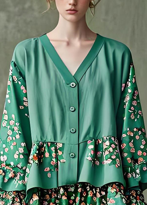 Original Design Green V Neck Print Cotton Two Pieces Set Petal Sleeve