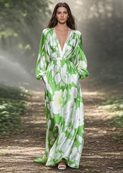 Original Design Green V Neck Print Pockets Silk Long Dresses Spring