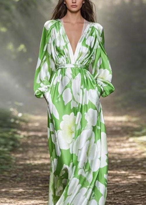 Original Design Green V Neck Print Pockets Silk Long Dresses Spring