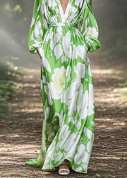 Original Design Green V Neck Print Pockets Silk Long Dresses Spring