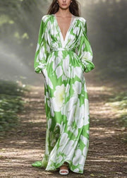 Original Design Green V Neck Print Pockets Silk Long Dresses Spring