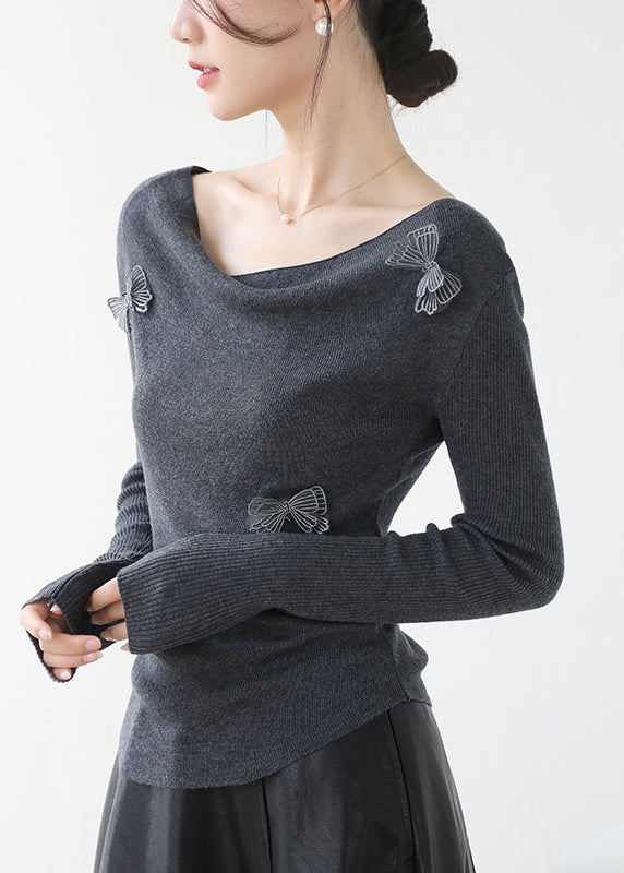 Original Design Grey Slash Neck Butterfly Knit Top Winter