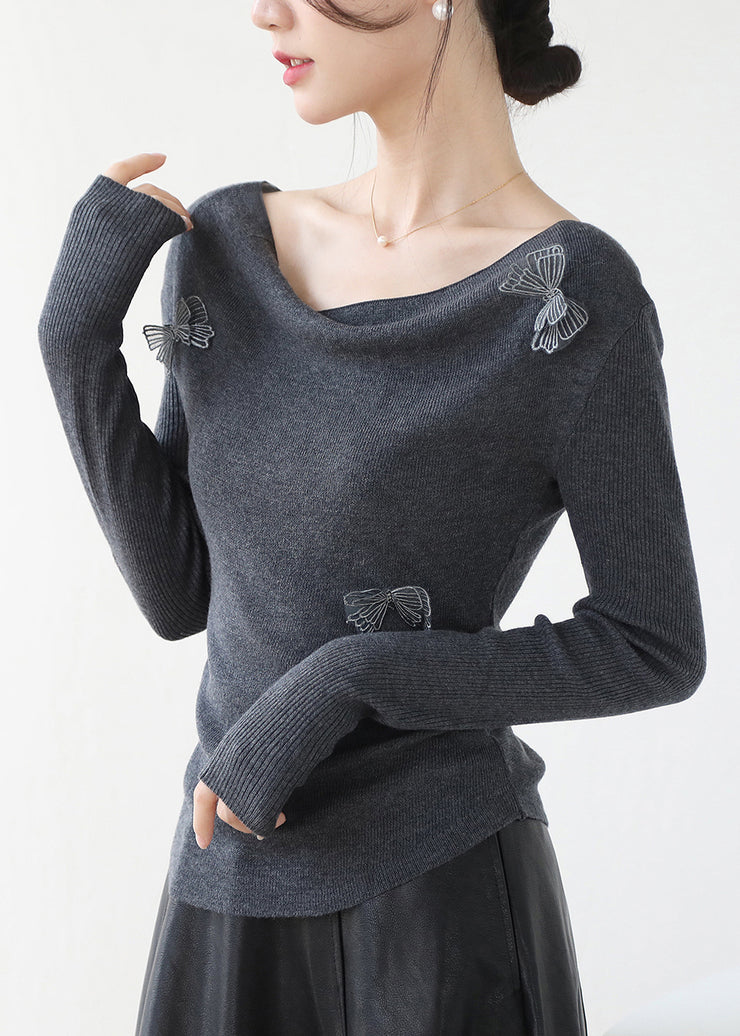 Original Design Grey Slash Neck Butterfly Knit Top Winter