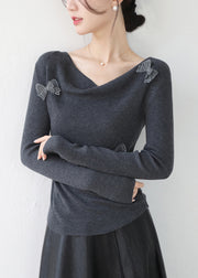 Original Design Grey Slash Neck Butterfly Knit Top Winter