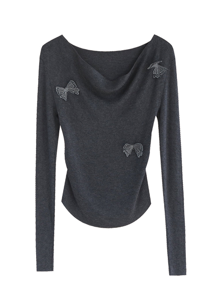 Original Design Grey Slash Neck Butterfly Knit Top Winter