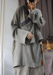 Original Design Grey V Neck Tassel Lace Up Cotton Coat Spring