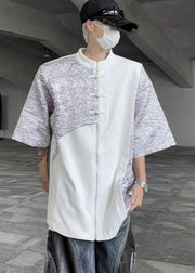 Original Design Grey Zippered Chinese Button Patchwork Ice Silk Men Shirts Summer